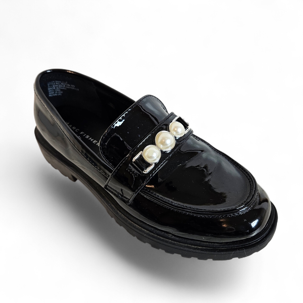 Marc Fisher Black Patent Lug Sole Loafers Faux Pearl Band Girls Kids Shoe Sz 3